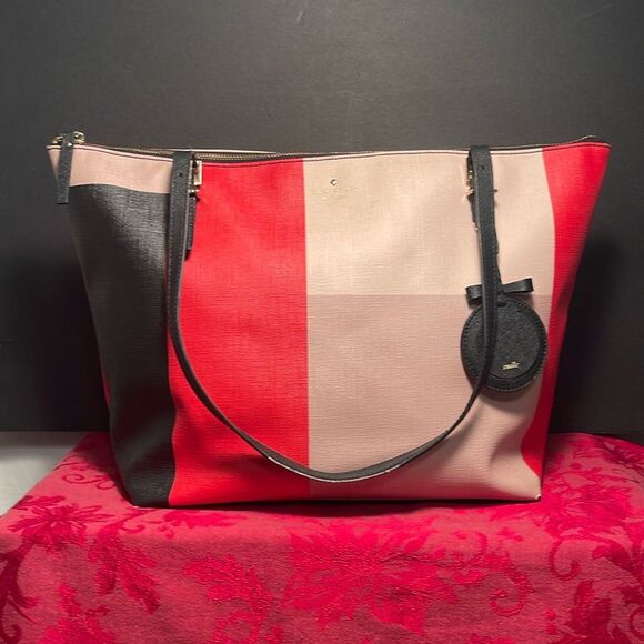 Kate Spade Color Block Shoulder‎ Tote Bag Red Tan Black - Picture 1 of 16